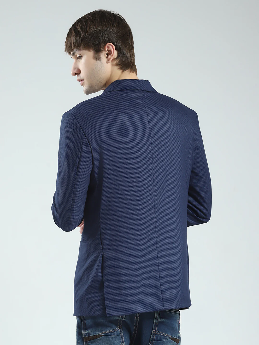 Men Navy Blue Self Design Notch Lapel Collar Full Sleeve Blazer - Image 5