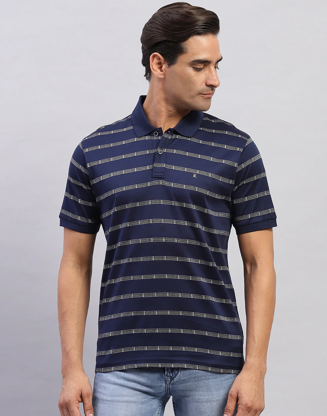 Men Navy Blue Self Design Polo Collar Half Sleeve T-Shirt - Image 2