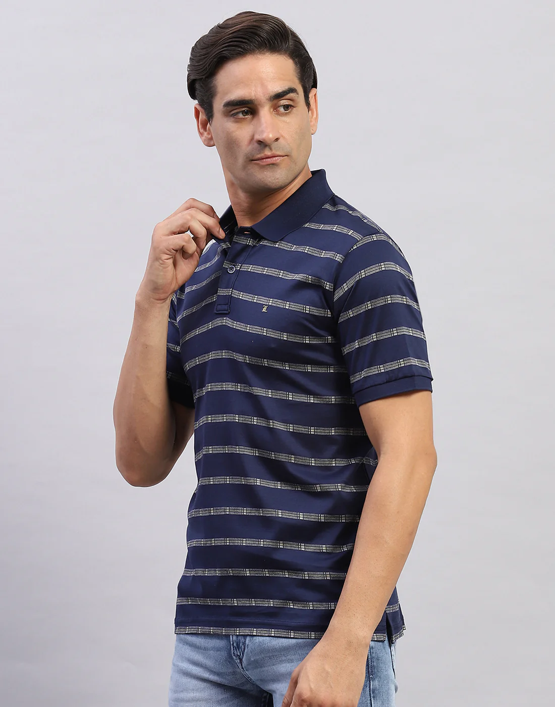 Men Navy Blue Self Design Polo Collar Half Sleeve T-Shirt - Image 3