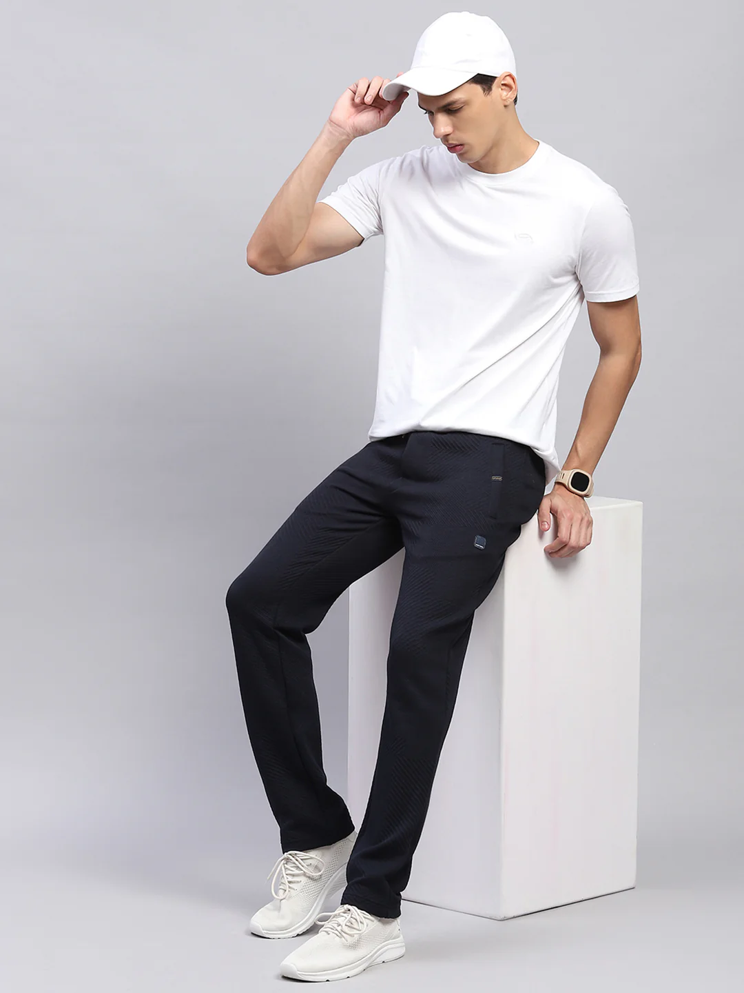 Men Navy Blue Self Design Regular Fit Lower - Image 2