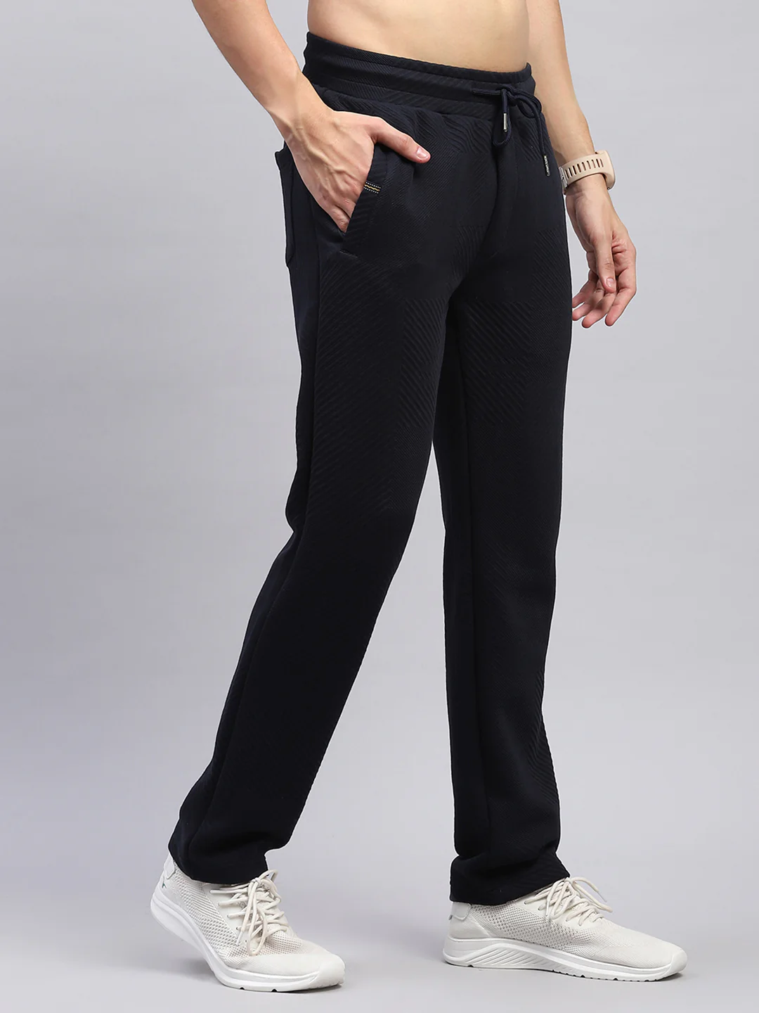 Men Navy Blue Self Design Regular Fit Lower - Image 4