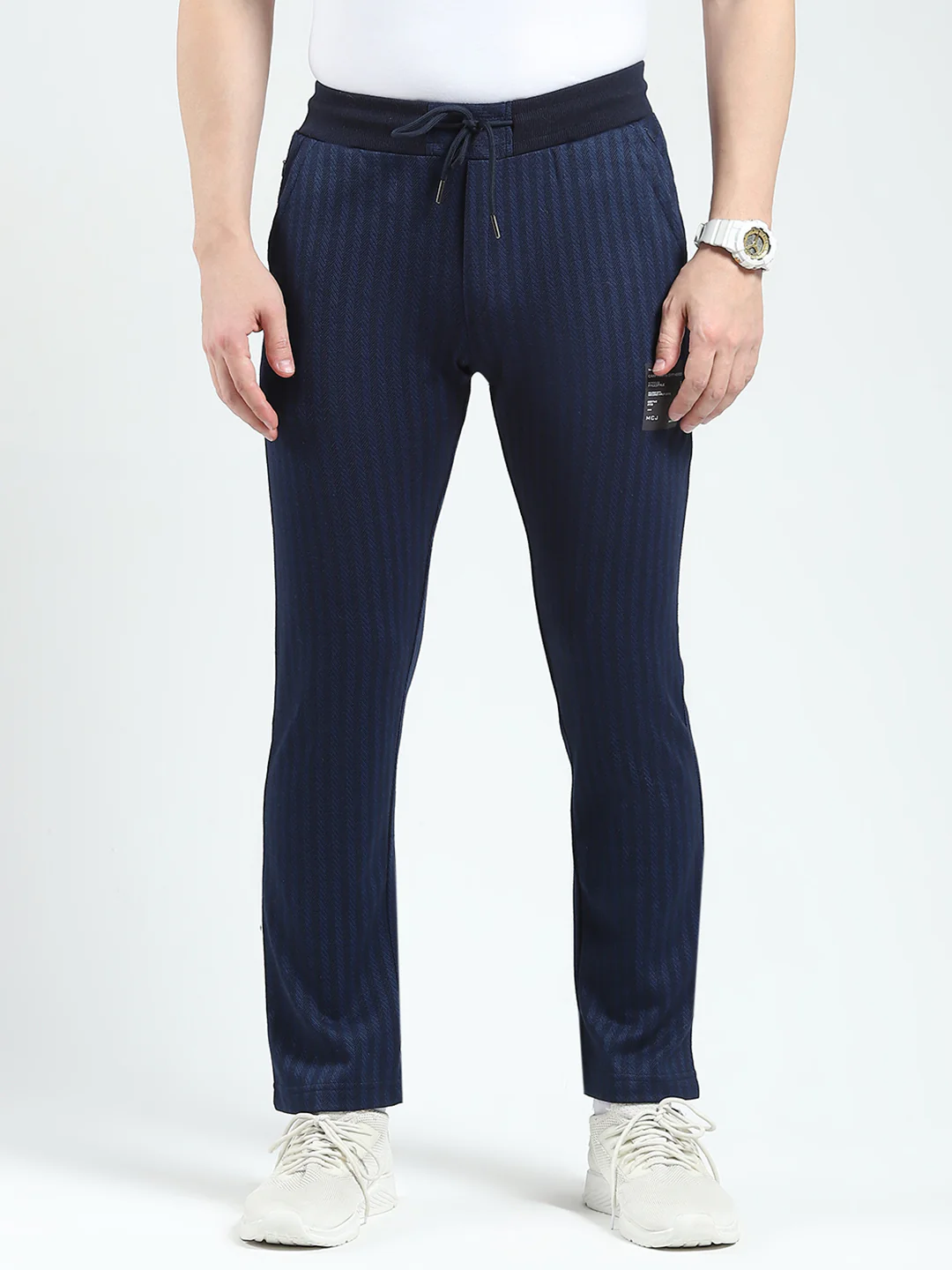 Men Navy Blue Self Design Regular Fit Winter Lower - Image 3