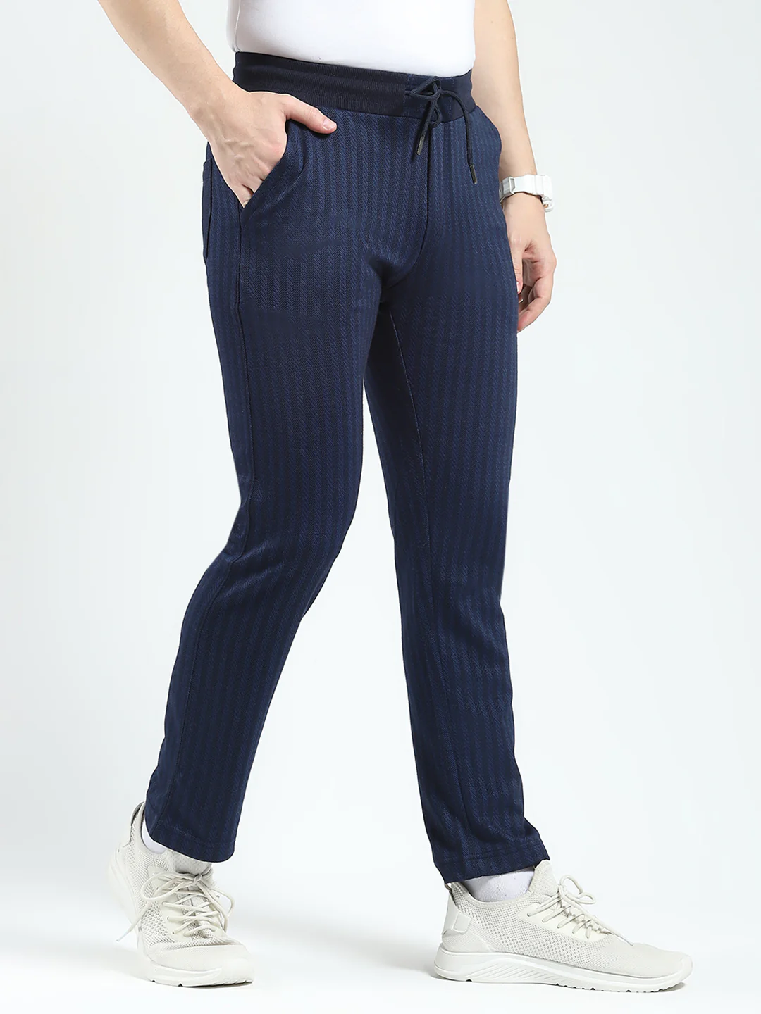 Men Navy Blue Self Design Regular Fit Winter Lower - Image 5