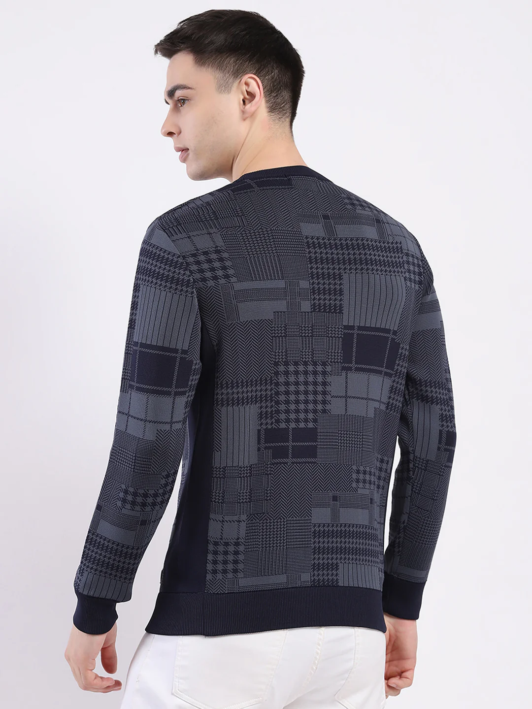 Men Navy Blue Self Design Round Neck Full Sleeve Pullover - Image 5