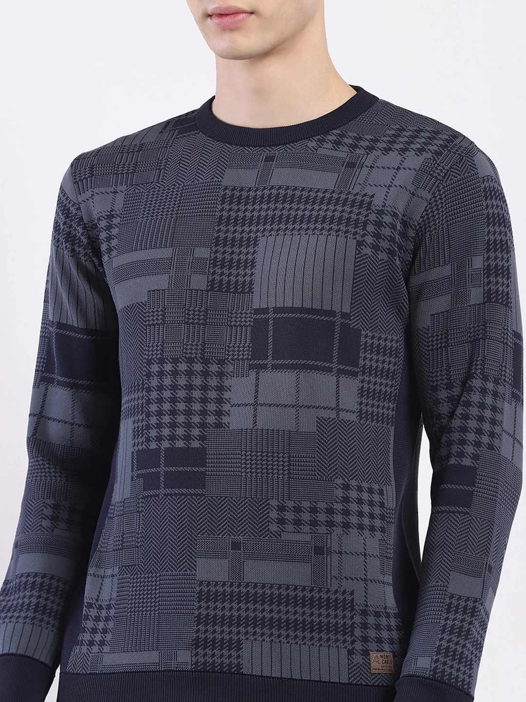 Men Navy Blue Self Design Round Neck Full Sleeve Pullover - Image 7