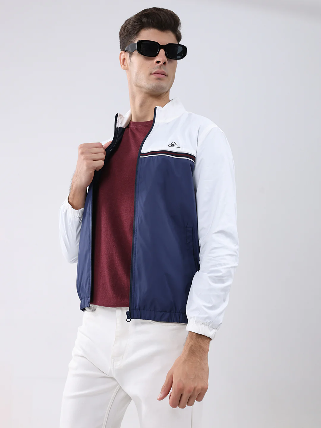 Men Navy Blue Self Design Stand Collar Full Sleeve Jacket - Image 6