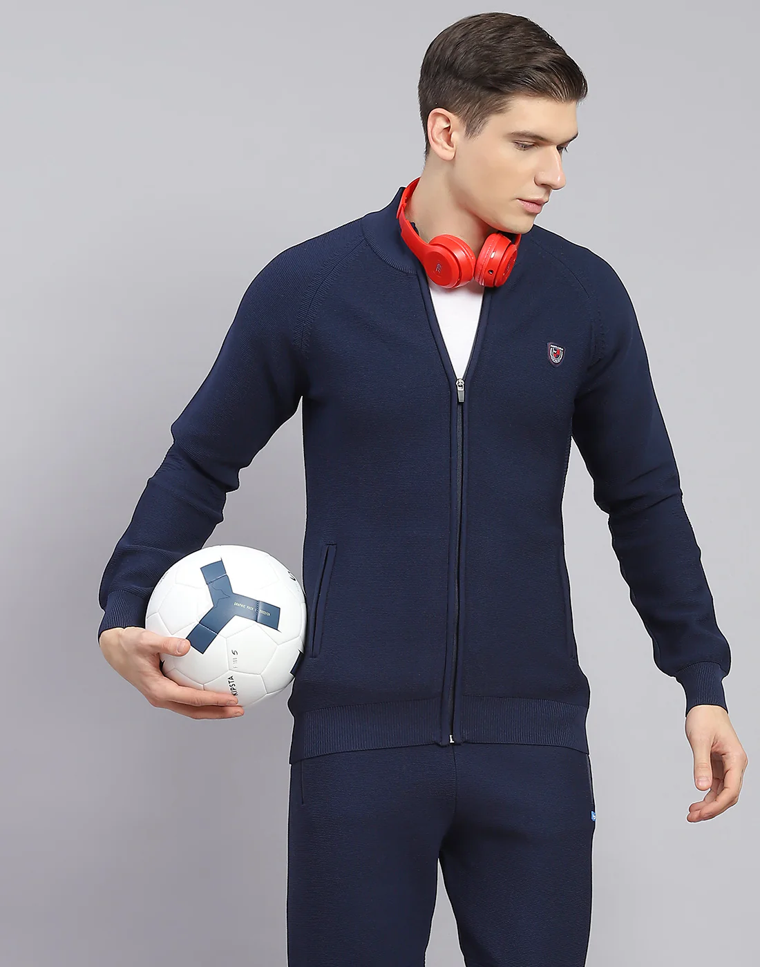 Men Navy Blue Self Design Stand Collar Full Sleeve Tracksuit - Image 2