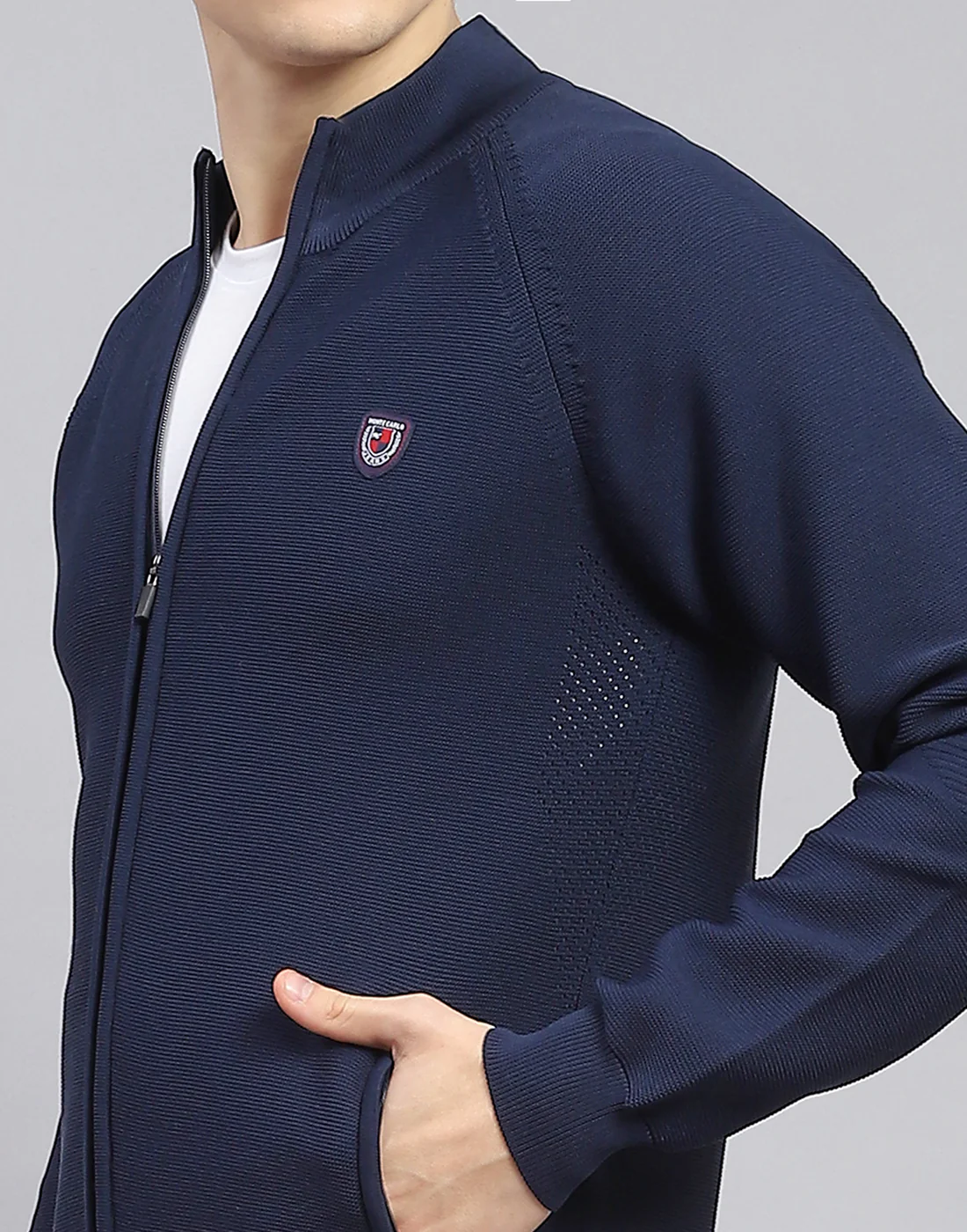 Men Navy Blue Self Design Stand Collar Full Sleeve Tracksuit - Image 8