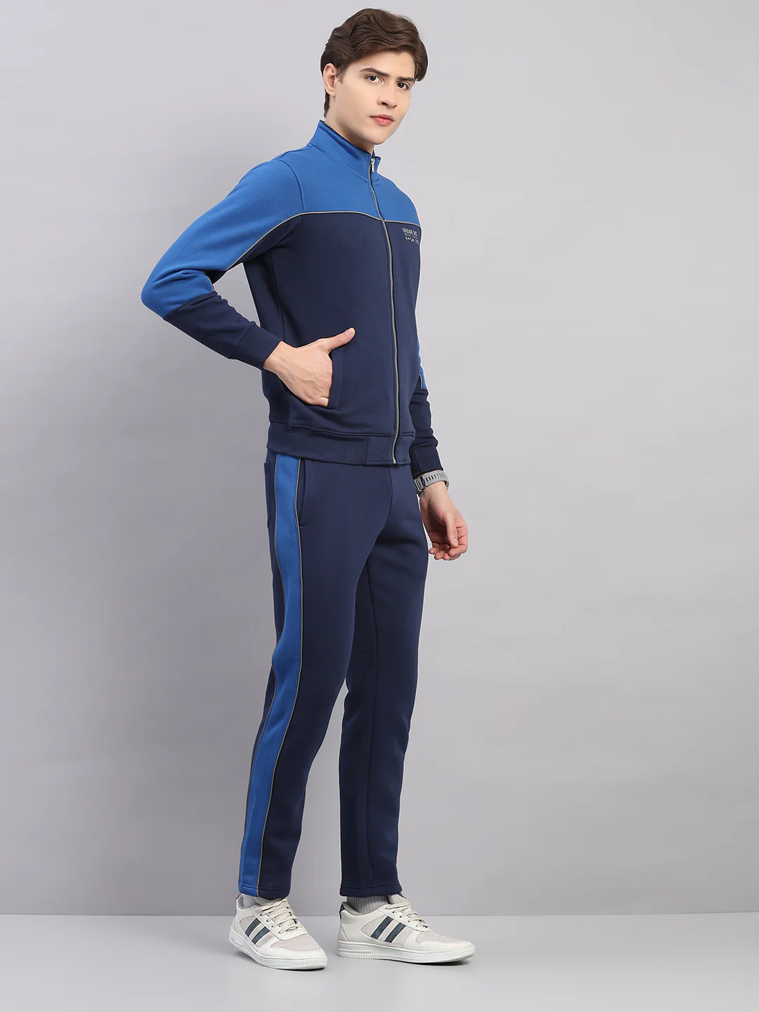 Men Navy Blue Self Design Stand Collar Full Sleeve Winter Tracksuit - Image 4