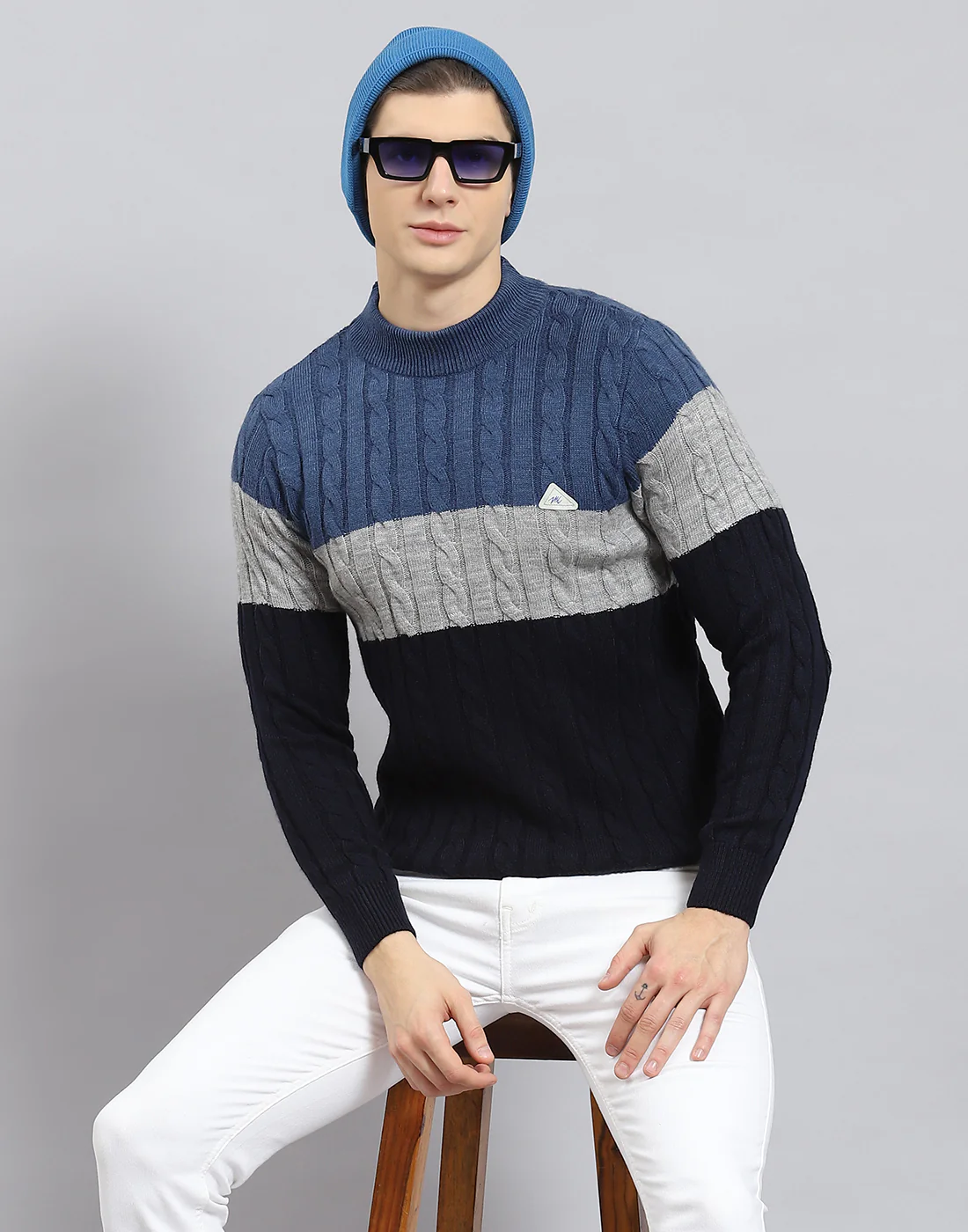 Men Navy Blue Self Design T Neck Full Sleeve Sweater - Image 2