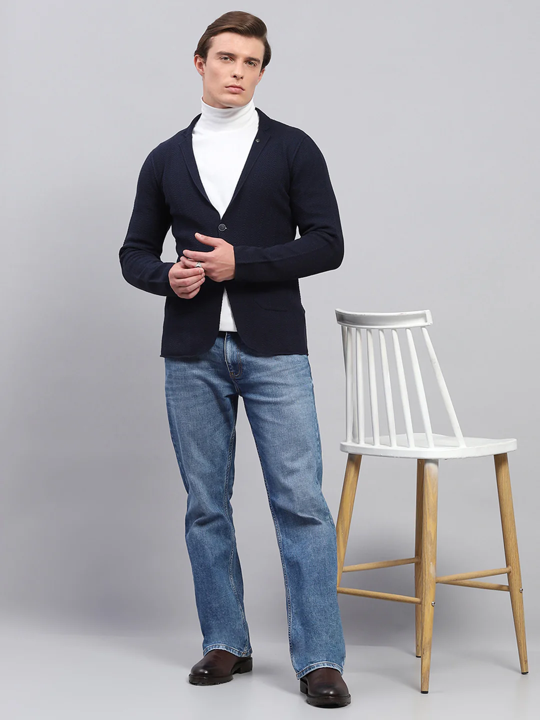 Men Navy Blue Self Design V Neck Full Sleeve Coat - Image 2