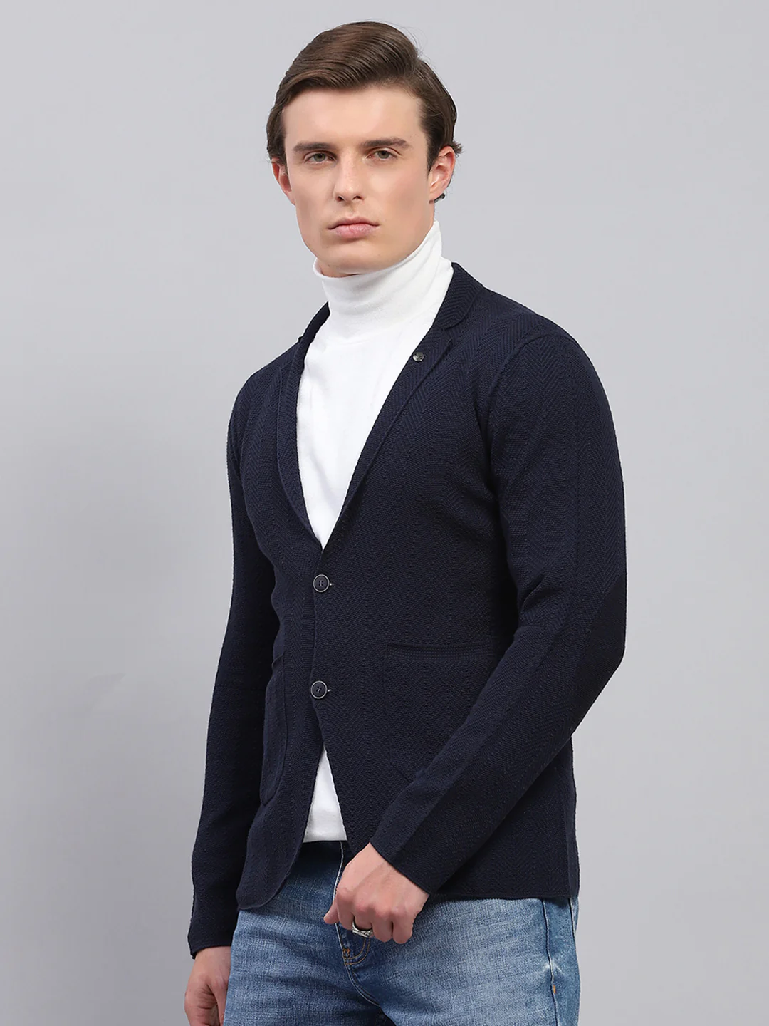 Men Navy Blue Self Design V Neck Full Sleeve Coat - Image 3