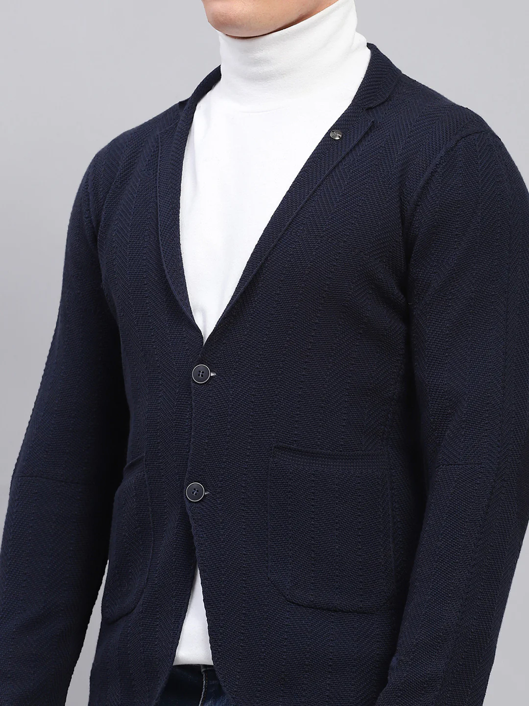 Men Navy Blue Self Design V Neck Full Sleeve Coat - Image 6