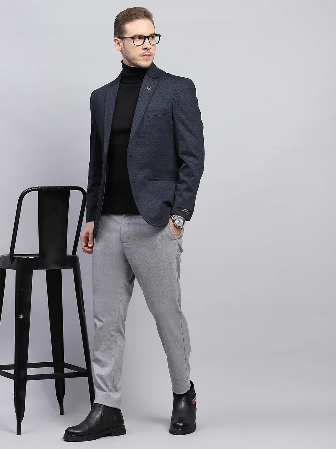Men Navy Blue Self Design V Neck Full Sleeve Coat - Image 2