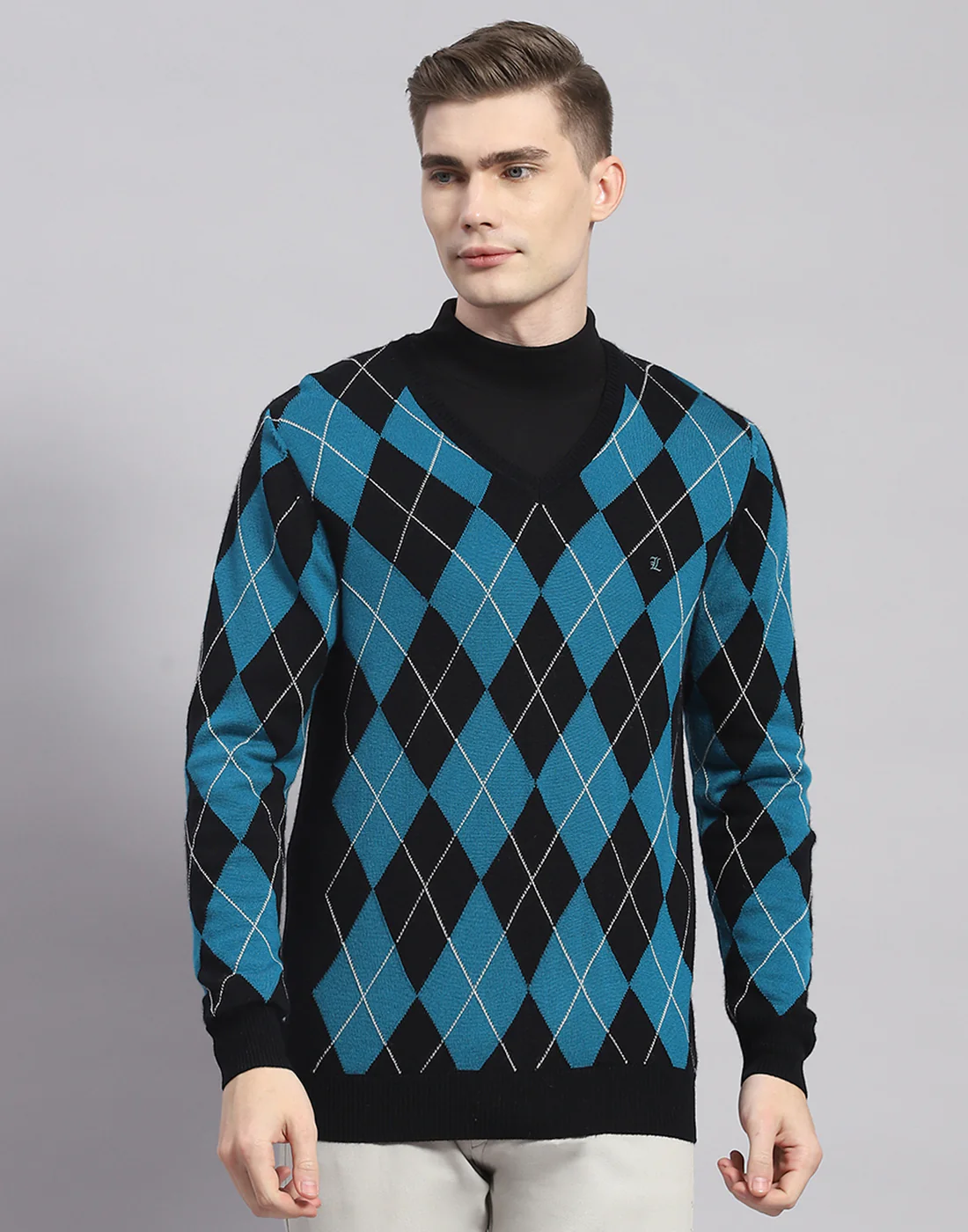 Men Navy Blue Self Design V Neck Full Sleeve Pullover - Image 2