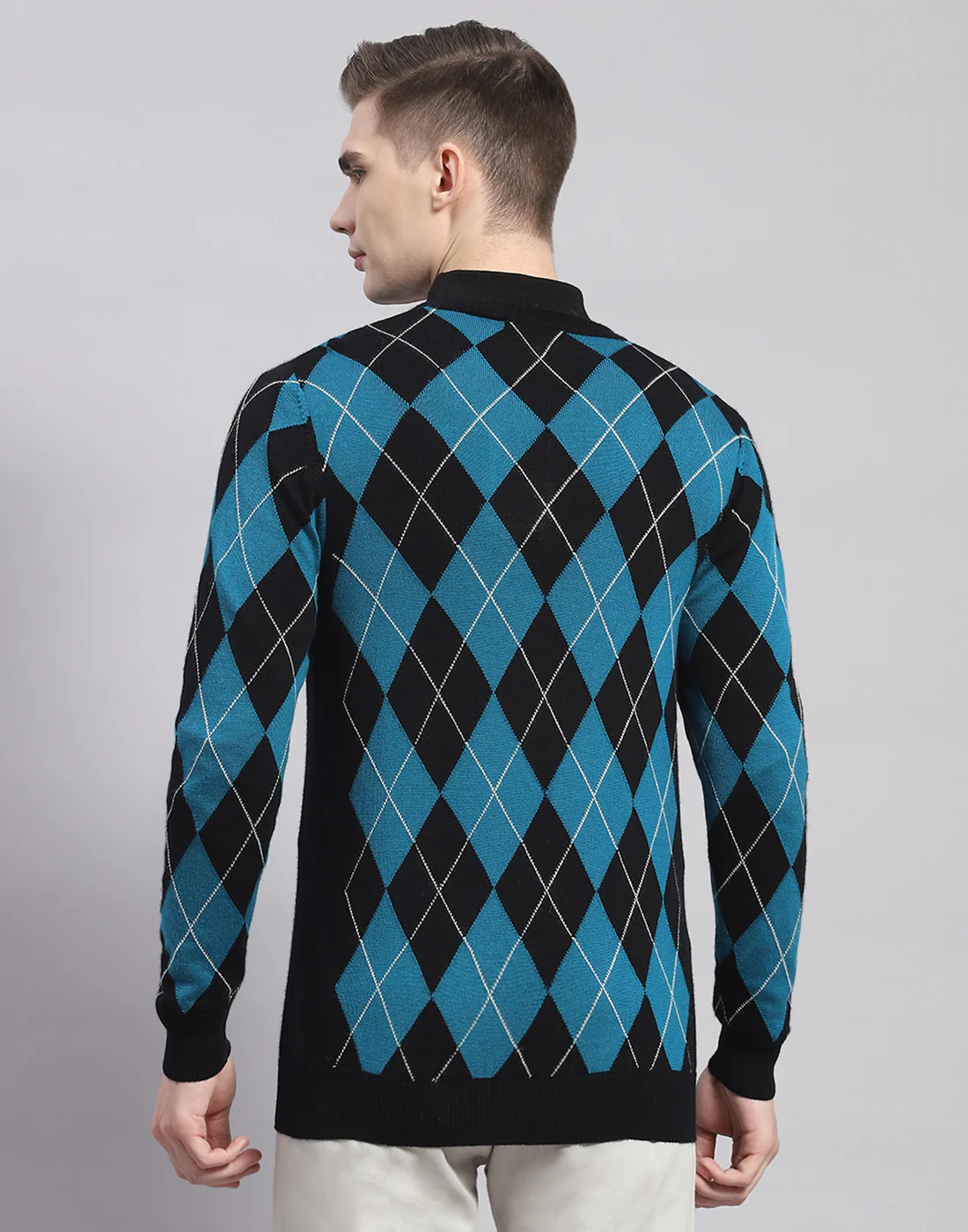 Men Navy Blue Self Design V Neck Full Sleeve Pullover - Image 5