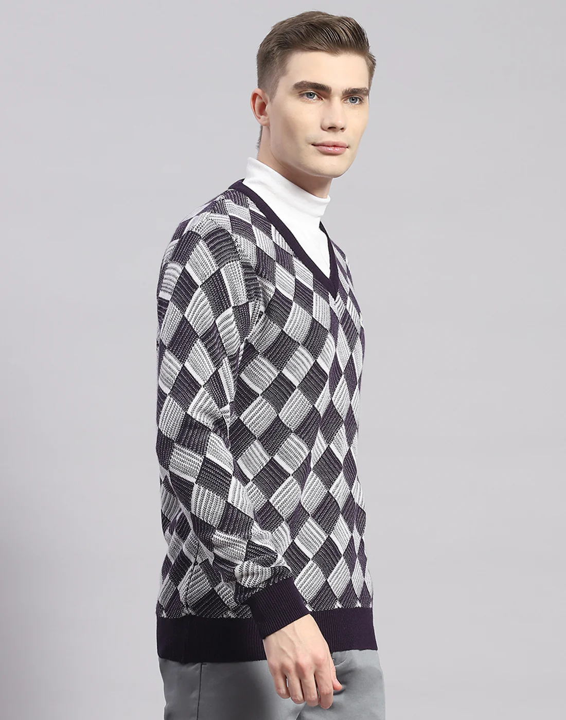 Men Navy Blue Self Design V Neck Full Sleeve Pullover - Image 5