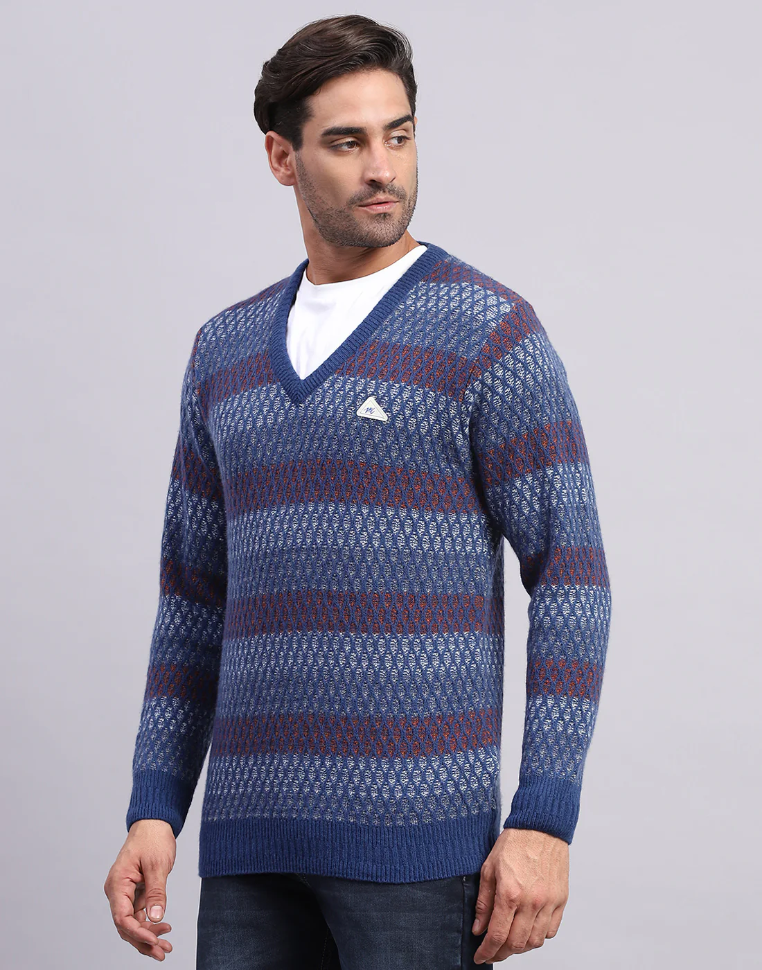 Men Navy Blue Self Design V Neck Full Sleeve Pullover - Image 3