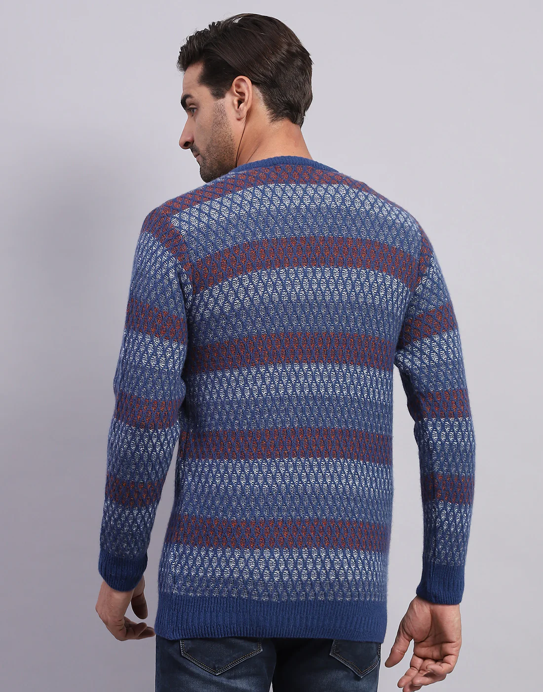 Men Navy Blue Self Design V Neck Full Sleeve Pullover - Image 5