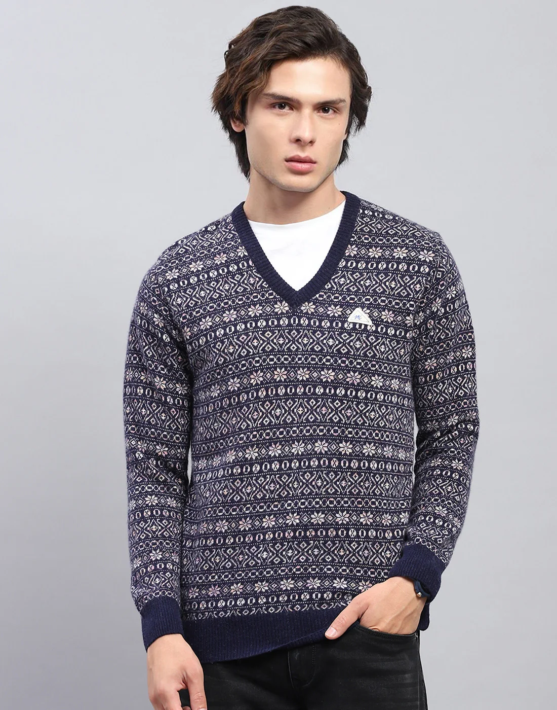 Men Navy Blue Self Design V Neck Full Sleeve Pullover - Image 2