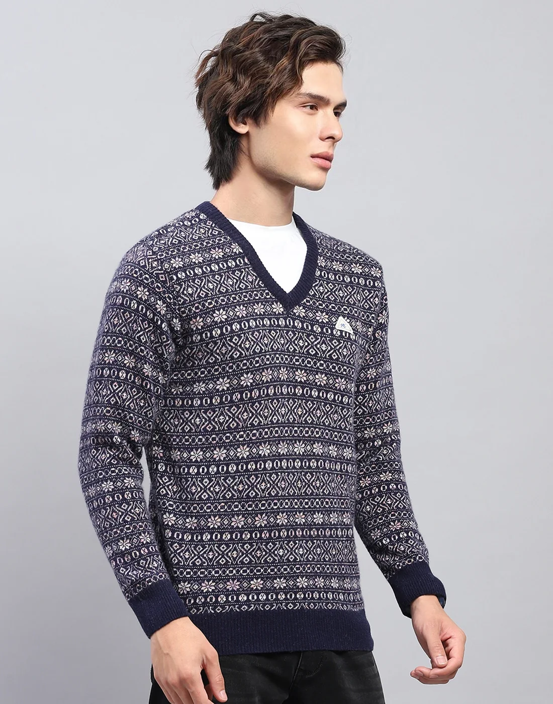 Men Navy Blue Self Design V Neck Full Sleeve Pullover - Image 4