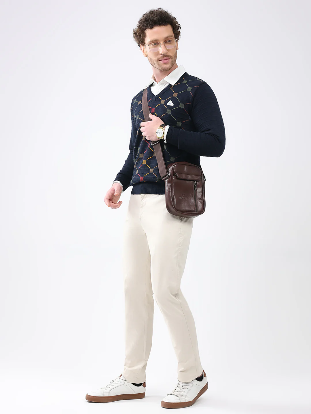 Men Navy Blue Self Design V Neck Full Sleeve Pullover - Image 2