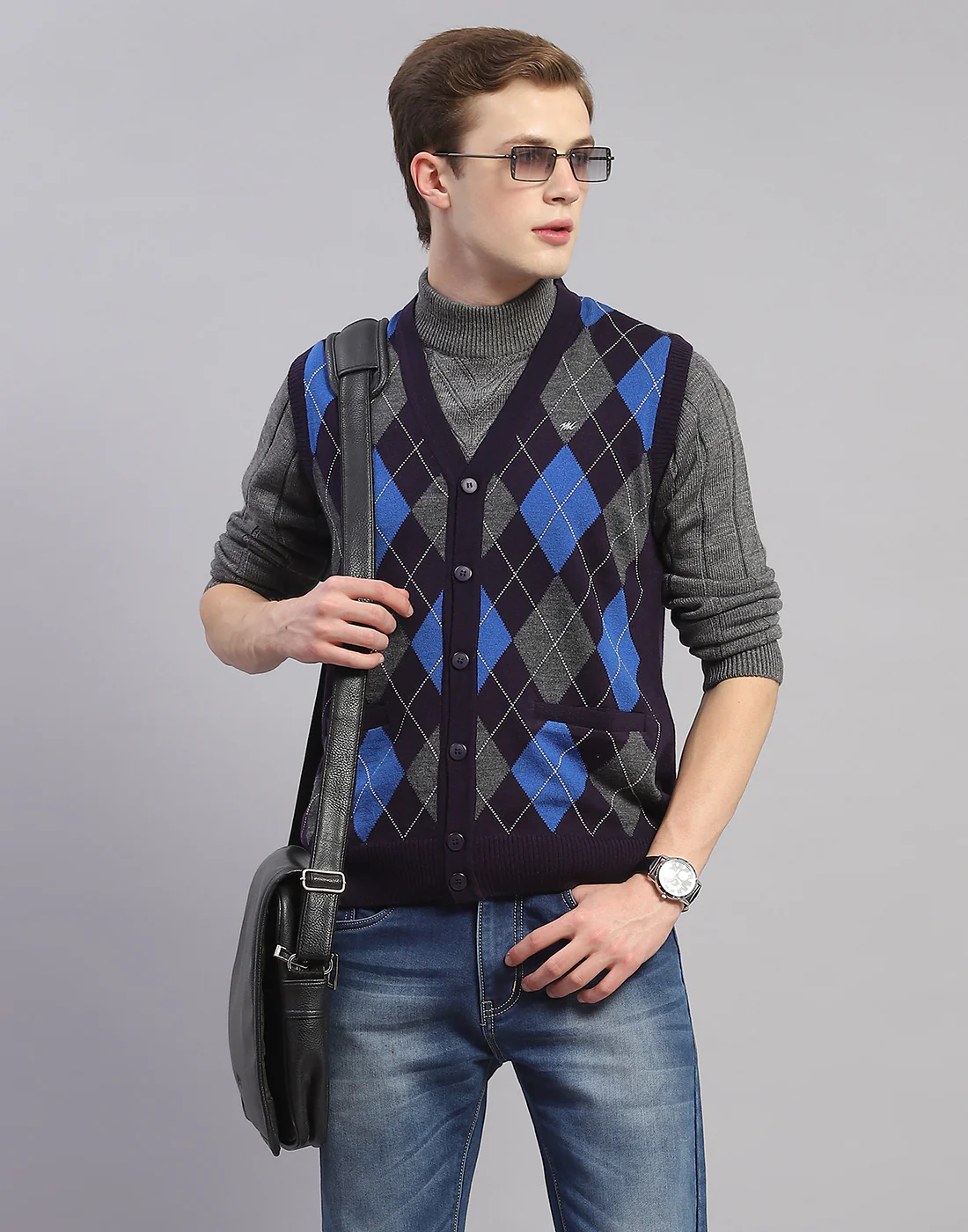 Men Navy Blue Self Design V Neck Sleeveless Cardigan - Image 6