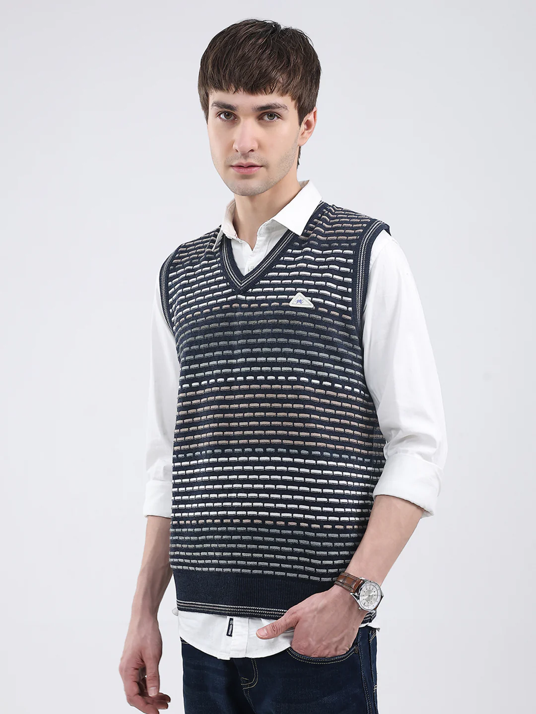 Men Navy Blue Self Design V Neck Sleeveless Sweater - Image 3