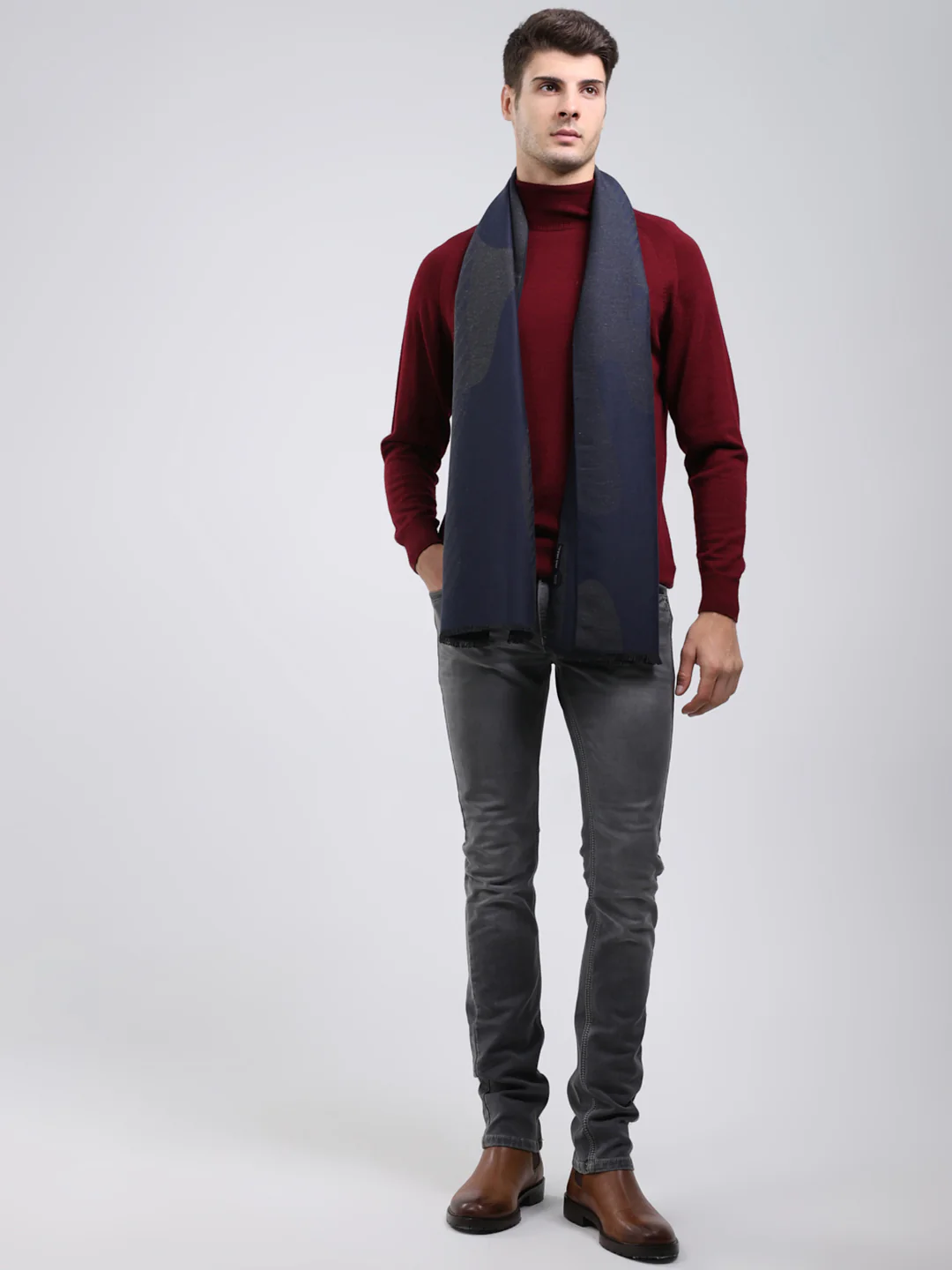 Men Navy Blue Self Design Wool Blend Muffler - Image 5