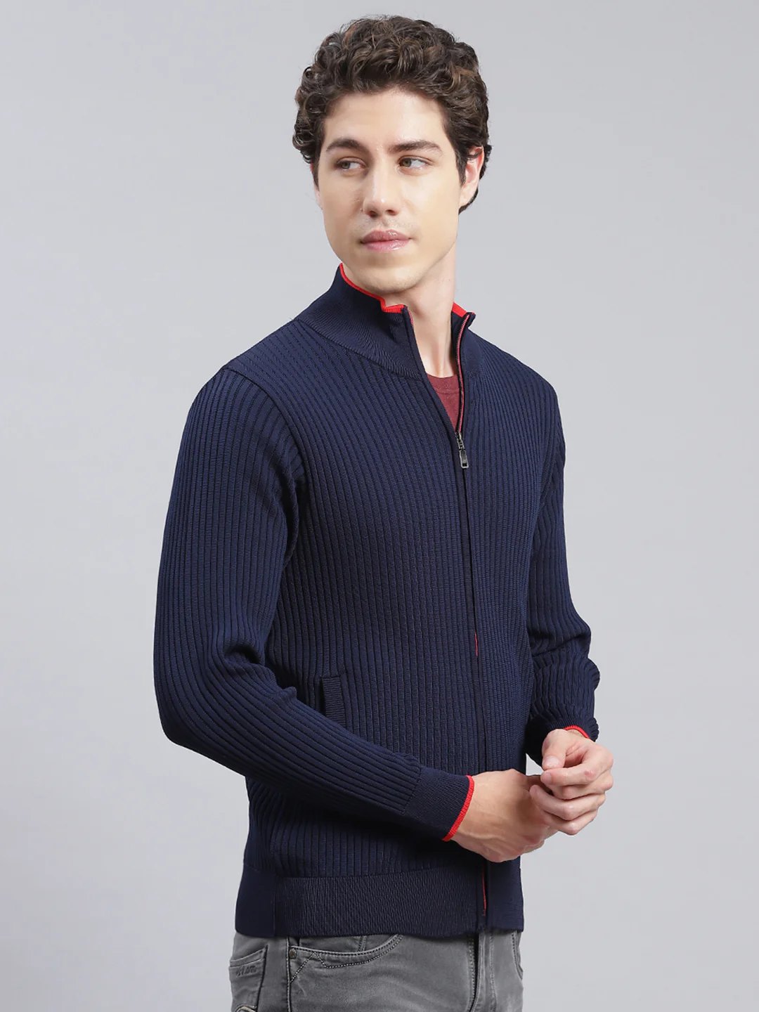 Men Navy Blue Self Design Wool blend Pullover - Image 2