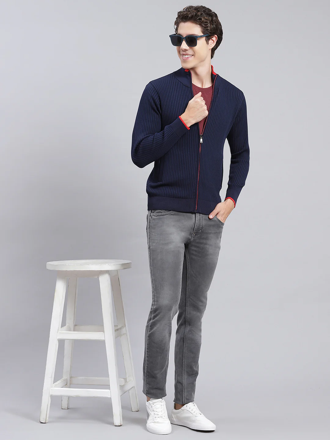 Men Navy Blue Self Design Wool blend Pullover - Image 5