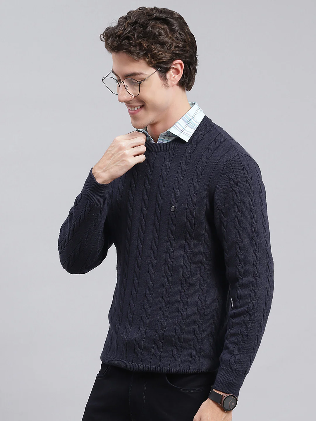 Men Navy Blue Self Design Wool blend Pullover - Image 3
