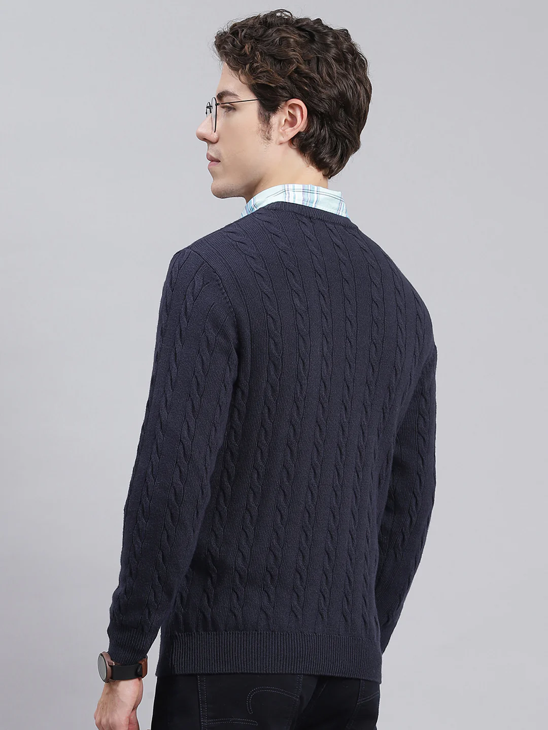 Men Navy Blue Self Design Wool blend Pullover - Image 4