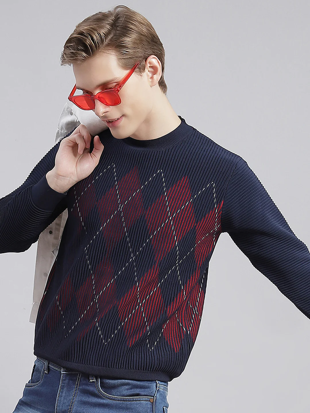 Men Navy Blue Self Design Round Neck Full Sleeve Sweaters/Pullovers - Image 2