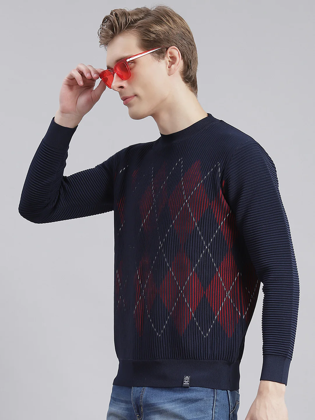 Men Navy Blue Self Design Round Neck Full Sleeve Sweaters/Pullovers - Image 4