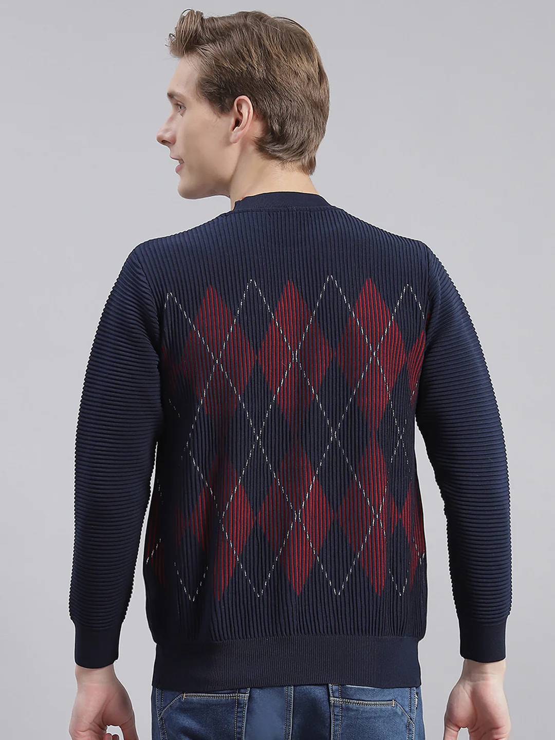 Men Navy Blue Self Design Round Neck Full Sleeve Sweaters/Pullovers - Image 6