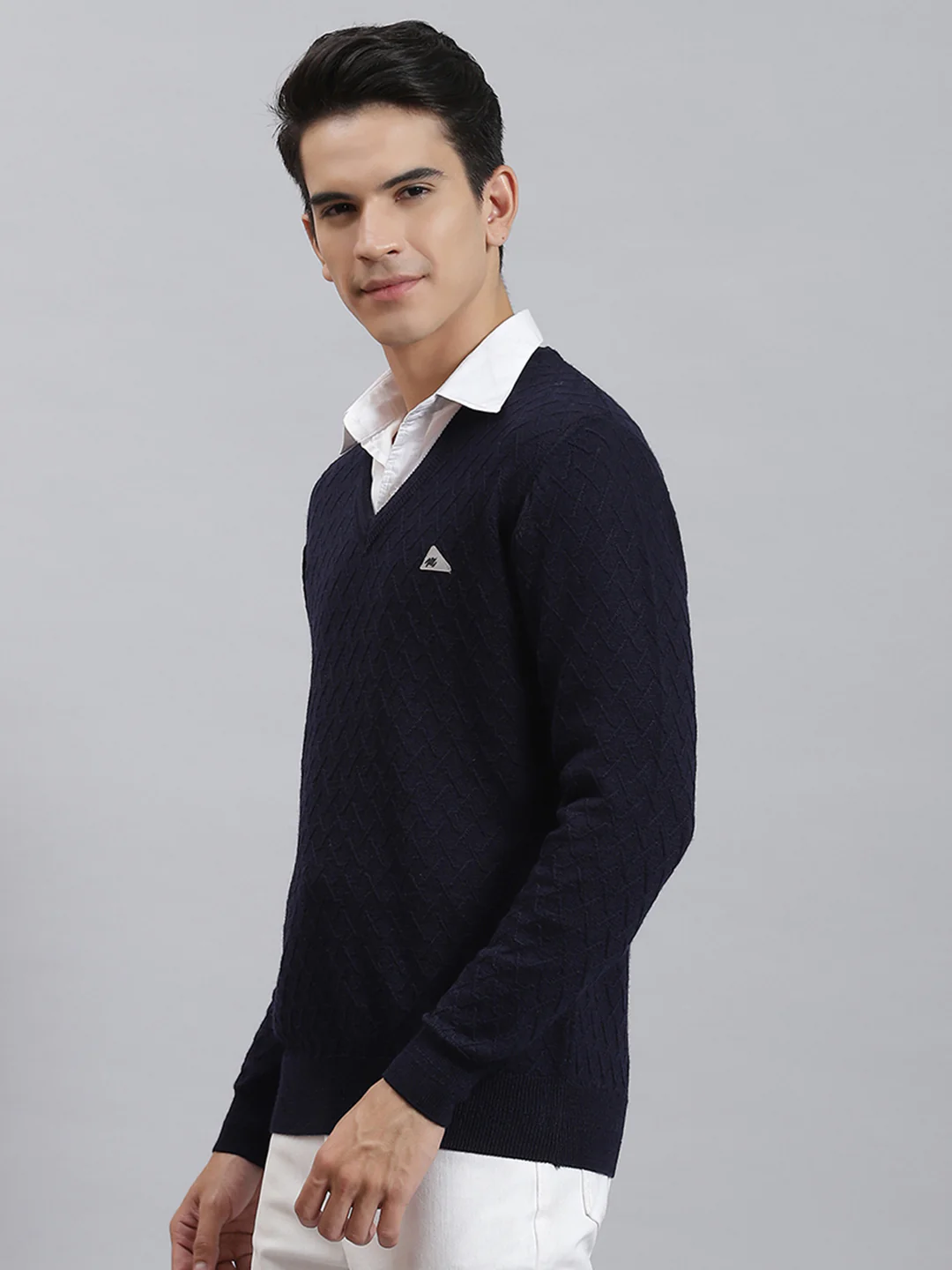 Men Navy Blue Self Design V Neck Full Sleeve Sweaters/Pullovers - Image 3