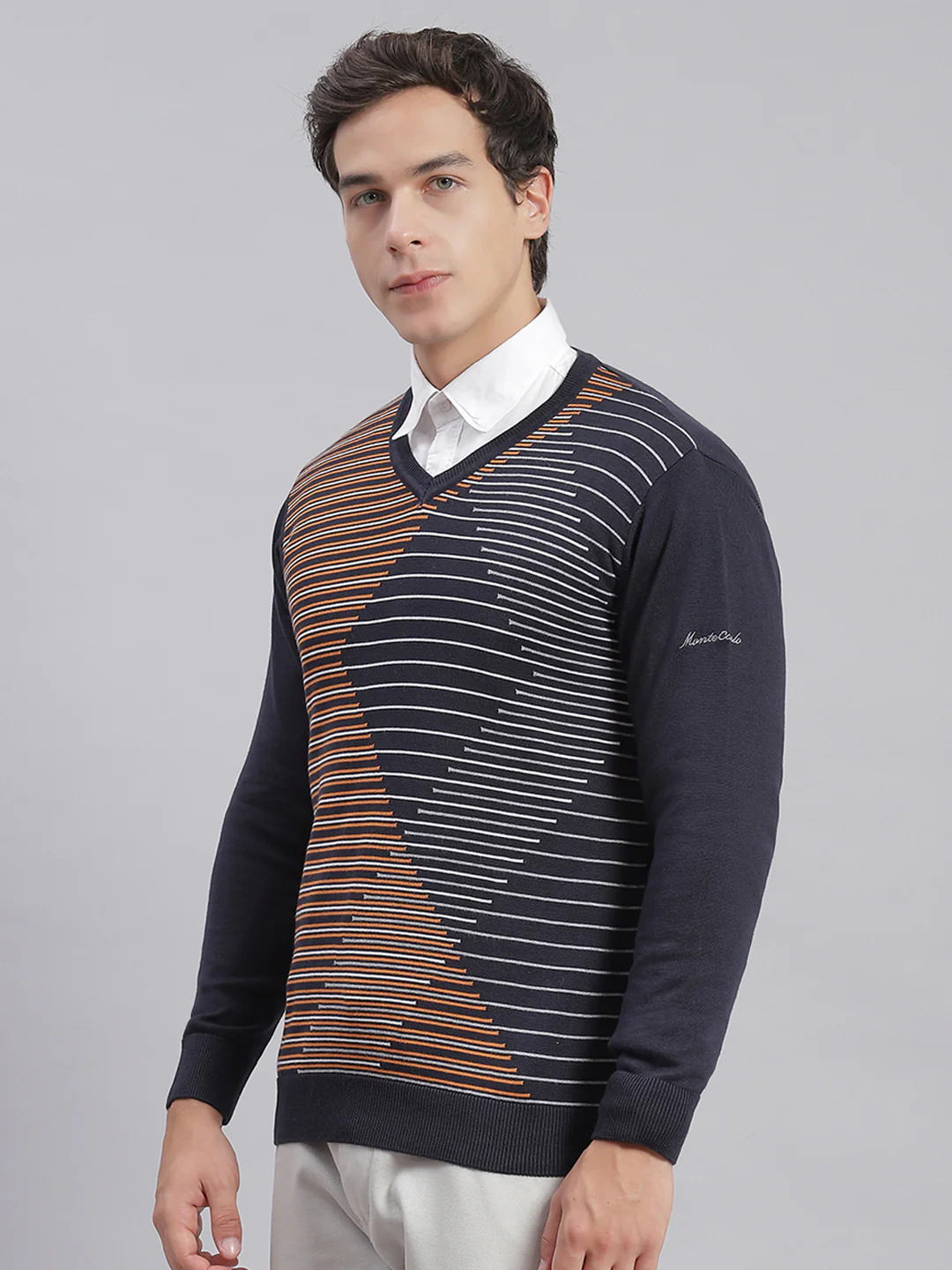 Men Navy Blue Self Design V Neck Full Sleeve Sweaters/Pullovers - Image 4