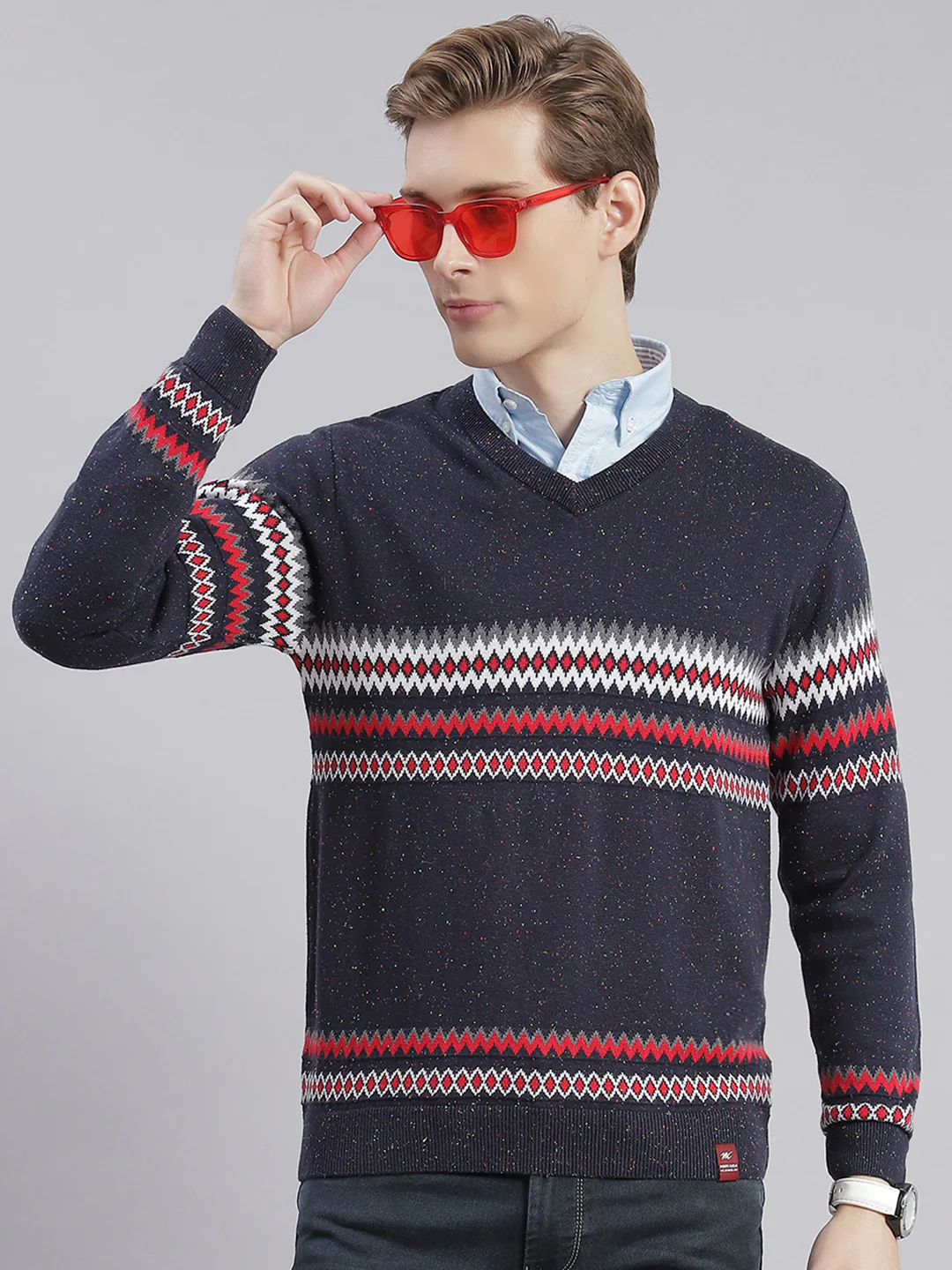 Men Navy Blue Self Design V Neck Full Sleeve Sweaters/Pullovers - Image 2