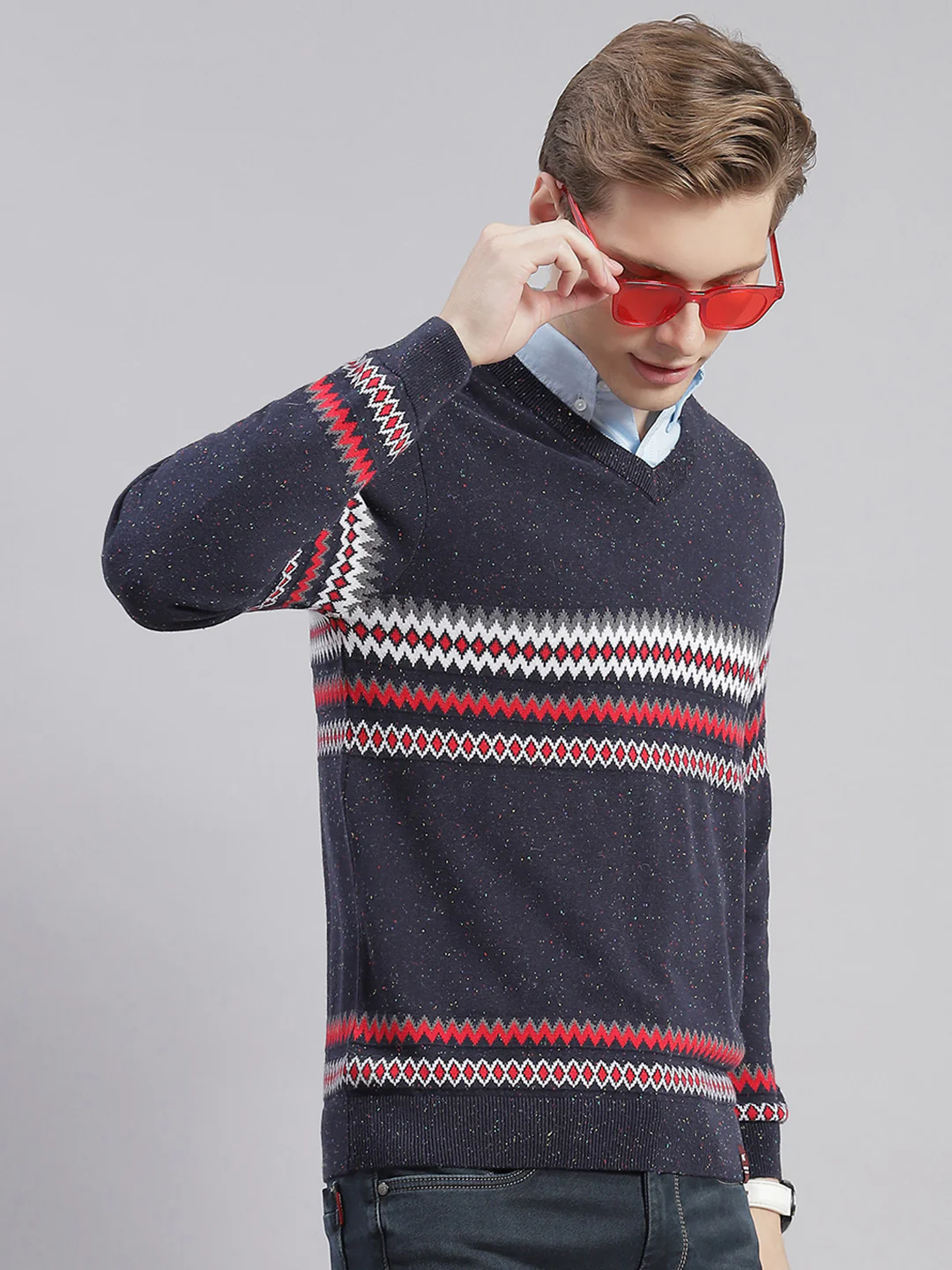 Men Navy Blue Self Design V Neck Full Sleeve Sweaters/Pullovers - Image 4