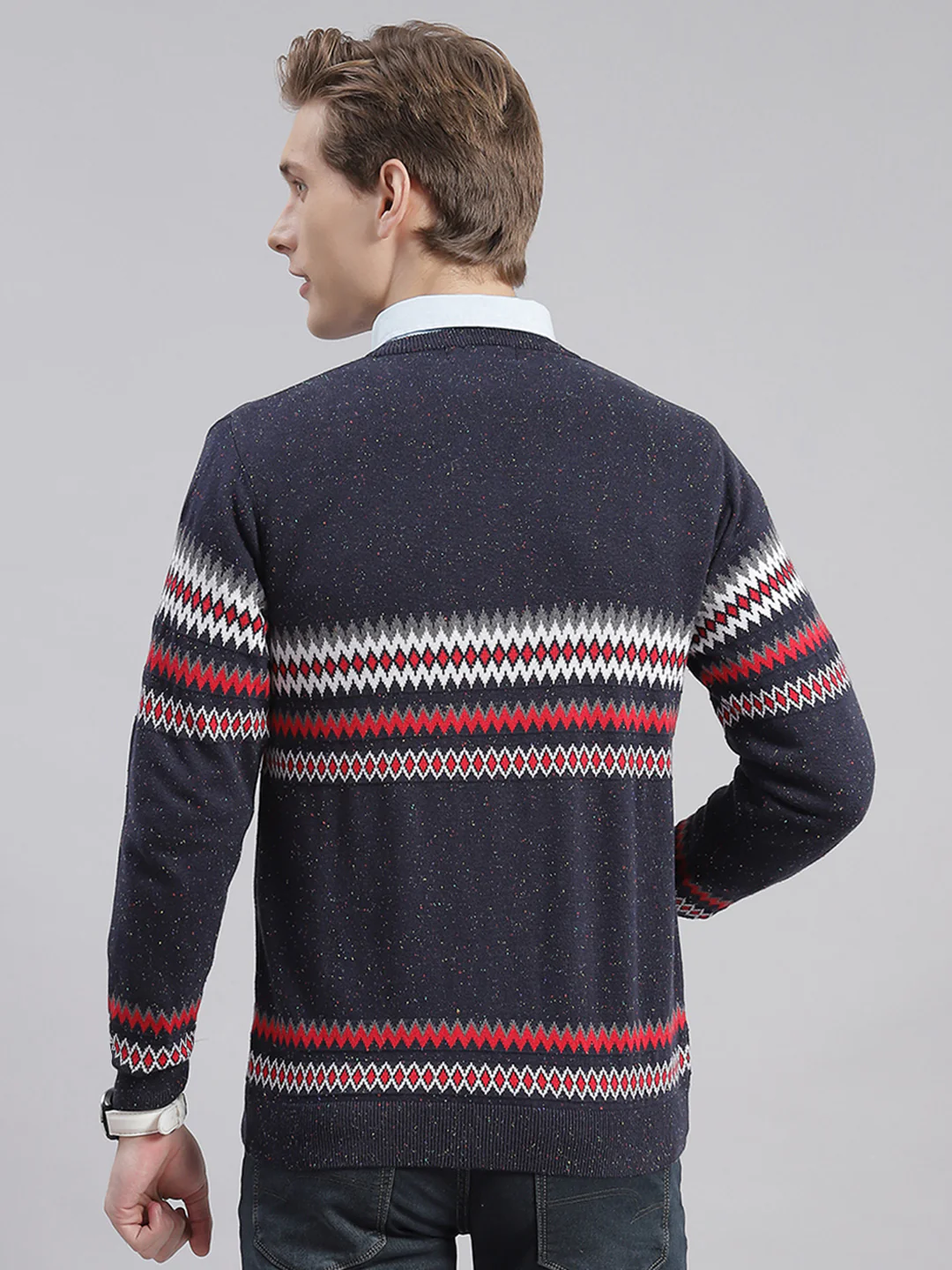 Men Navy Blue Self Design V Neck Full Sleeve Sweaters/Pullovers - Image 5