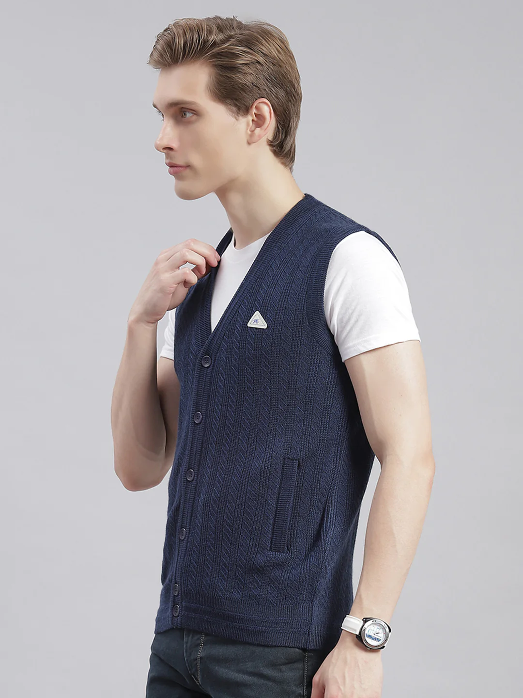 Men Navy Blue Self Design V Neck Sleeveless Cardigans - Image 3