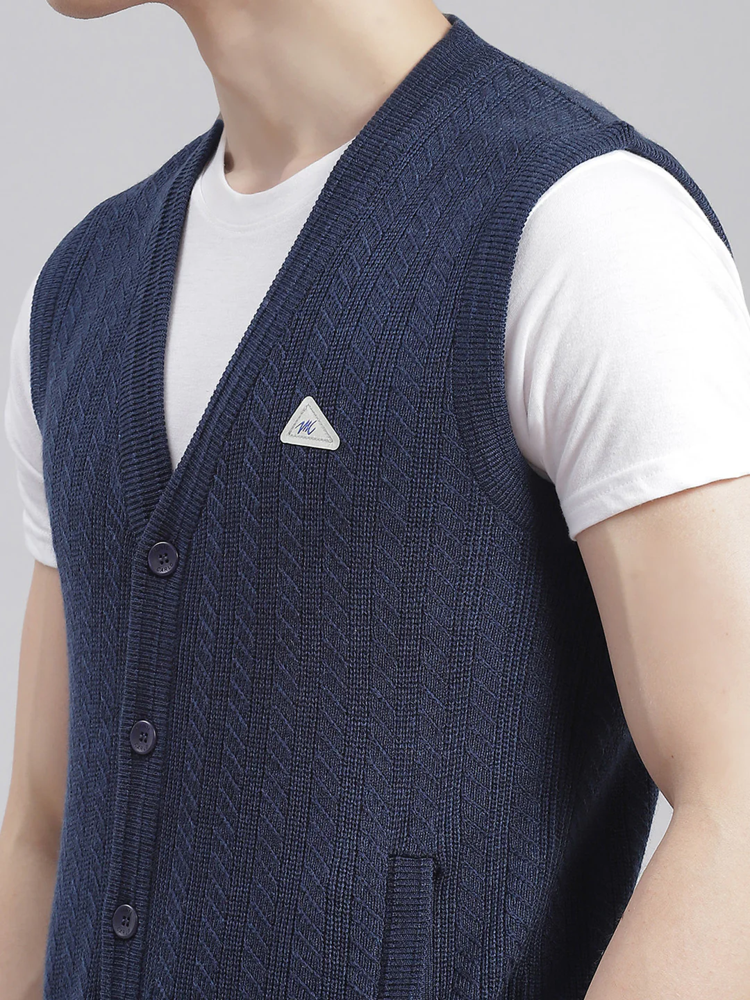 Men Navy Blue Self Design V Neck Sleeveless Cardigans - Image 6