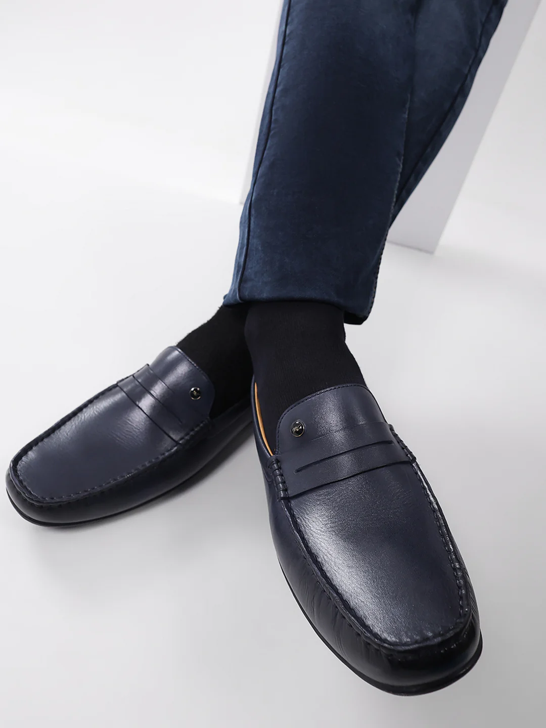 Men Navy Blue Slip on Genuine Leather Loafers - Image 10