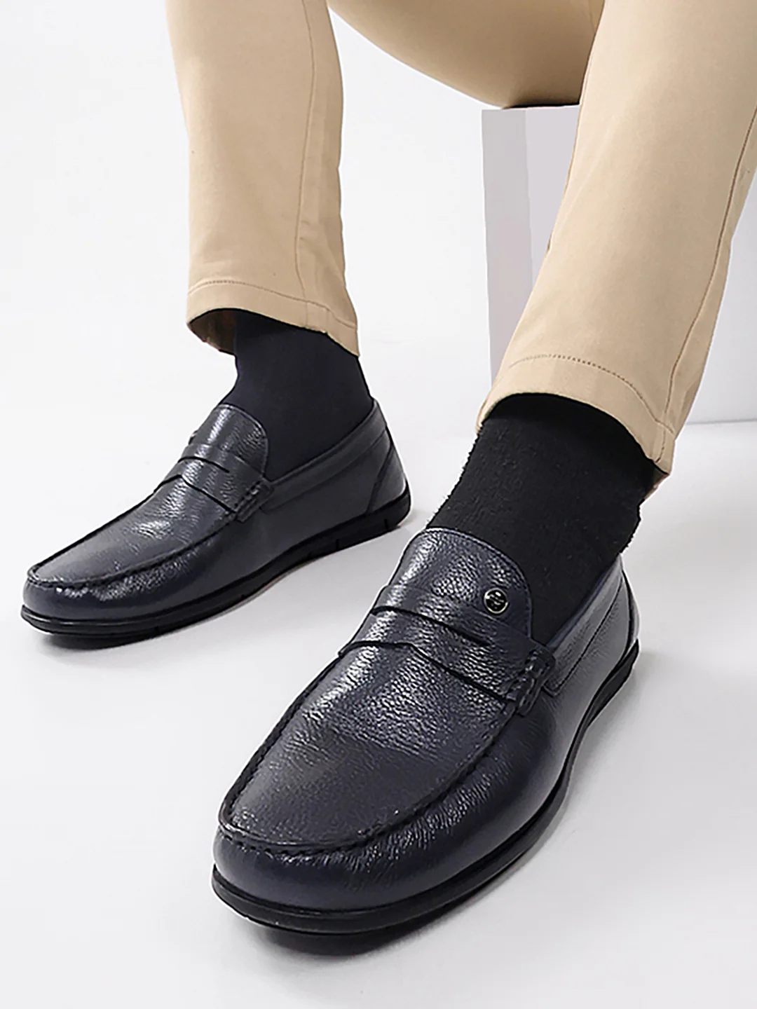 Men Navy Blue Slip on Genuine Leather Loafers - Image 12