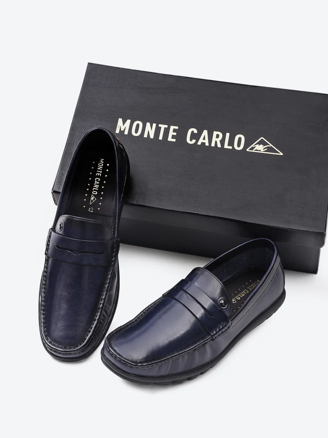 Men Navy Blue Slip on Leather Loafers - Image 2