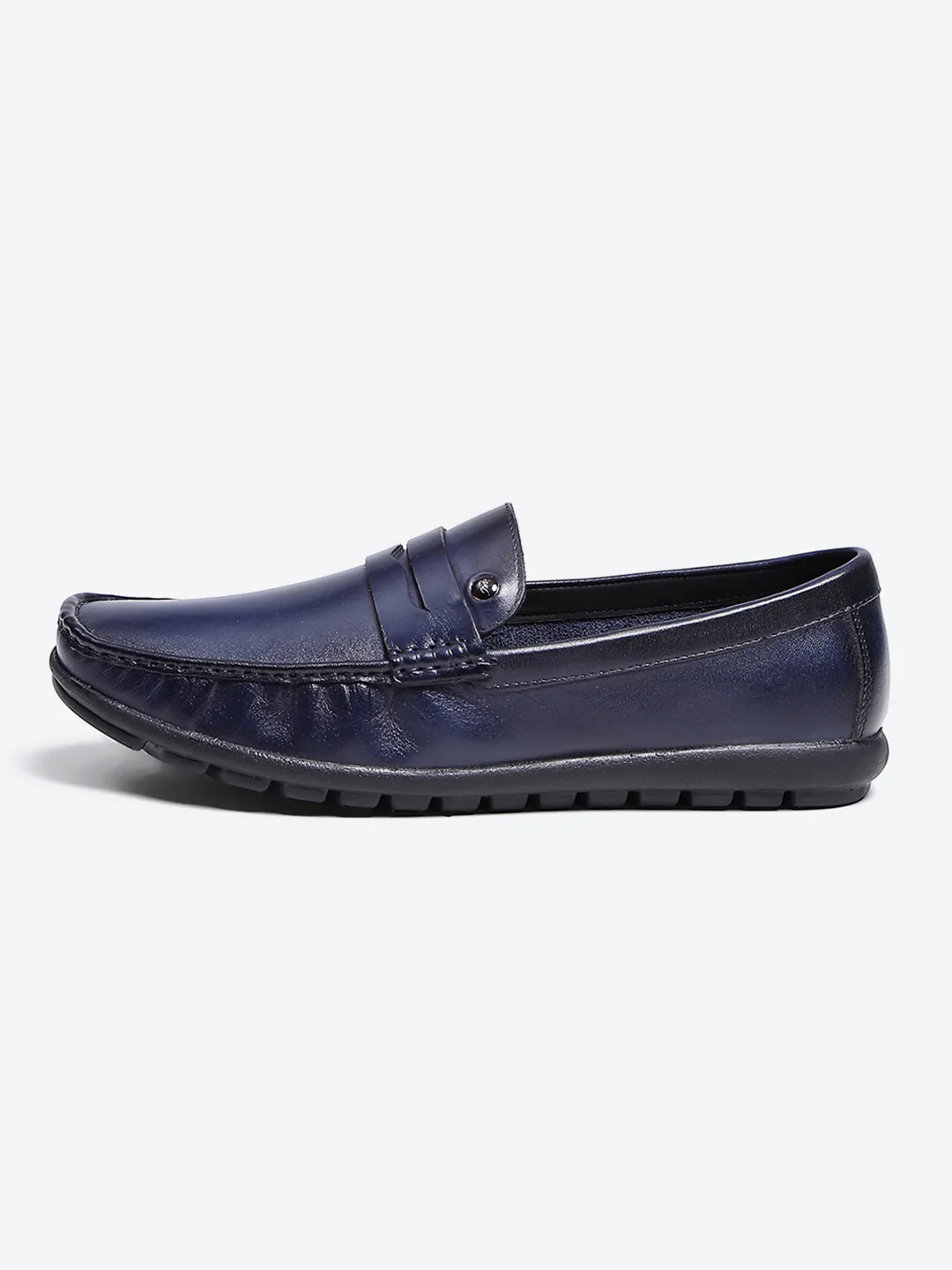 Men Navy Blue Slip on Leather Loafers - Image 4