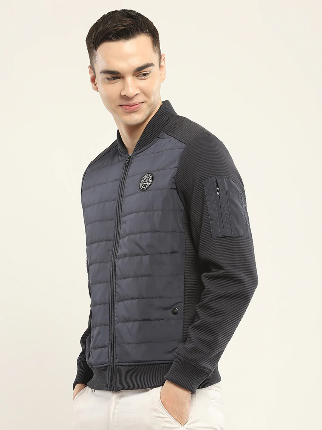 Rock.it Men Navy Blue Solid Band Collar Full Sleeve Jacket - Image 3