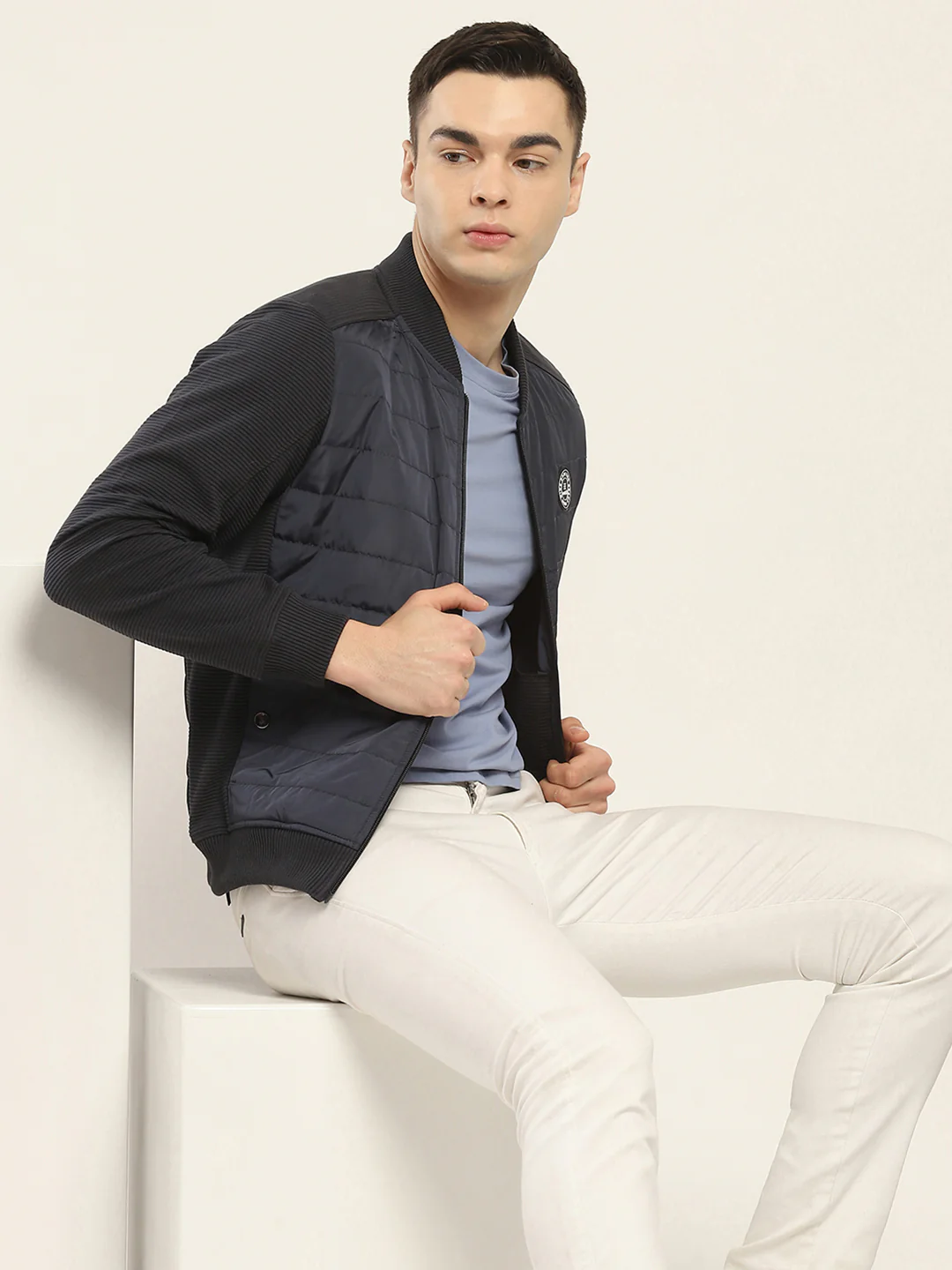 Rock.it Men Navy Blue Solid Band Collar Full Sleeve Jacket - Image 6