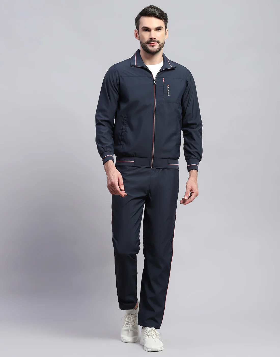 Men Navy Blue Solid Band Collar Full Sleeve Winter Tracksuit - Image 2